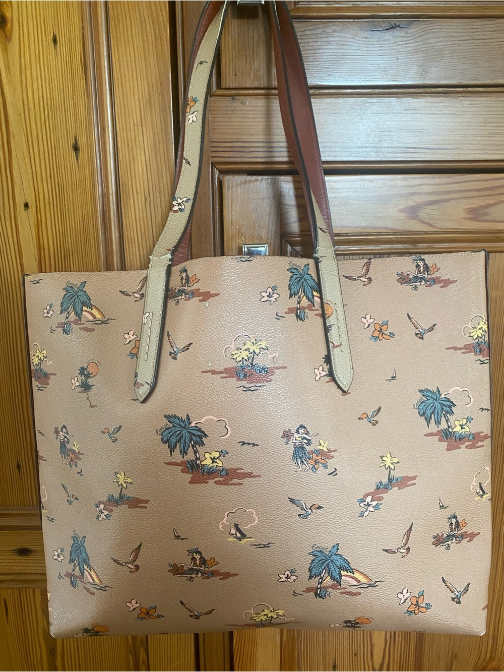 Coach Pink Tan Tropical Print Leather Tote - Picture 2 of 16